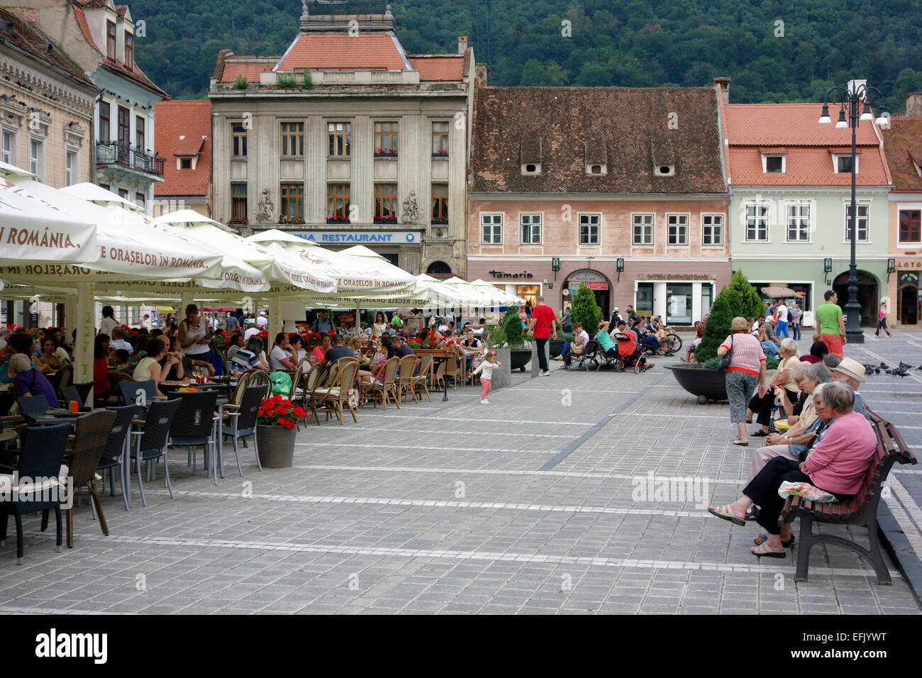 Cafés in Piata Sfatului, Brasov, Siebenbürgen, Rumänien Stockfoto