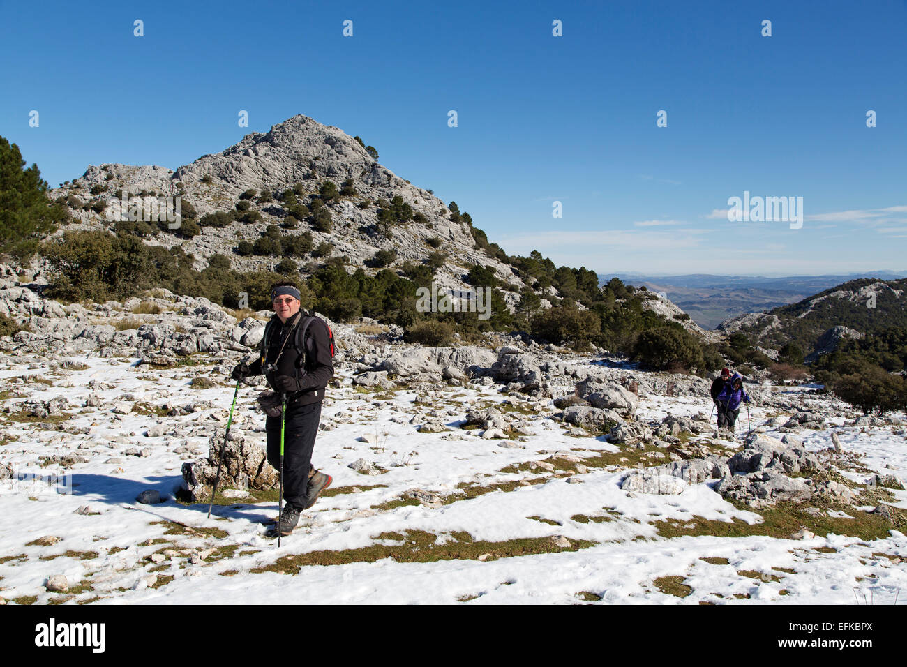 Wanderer Schnee Fußweg Sierra Grazalema Cadiz Andalusien Spanien Stockfoto
