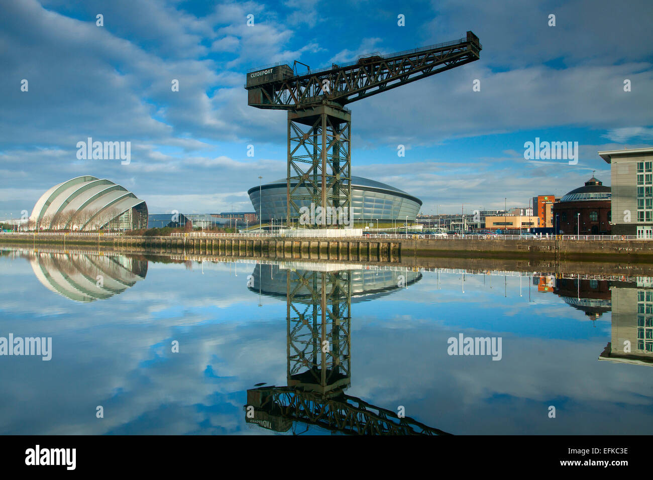 Stobcross (Finnieston Kran), das Gürteltier, der SSE Hydro und des Flusses Clyde, Pacific Quay, Glasgow Stockfoto