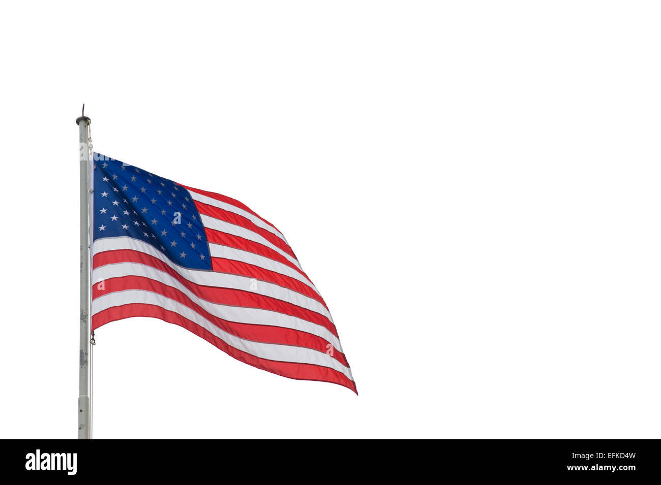 Die wehende Flagge der USA isoliert auf weiss Stockfoto