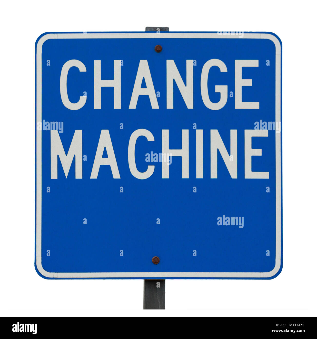 Wegweiser mit Änderung Maschine Pluszeichen ein Geldwechsel Maschine. Konzeptidee, blau isoliert anmelden weiß. Kalifornien, USA. Stockfoto