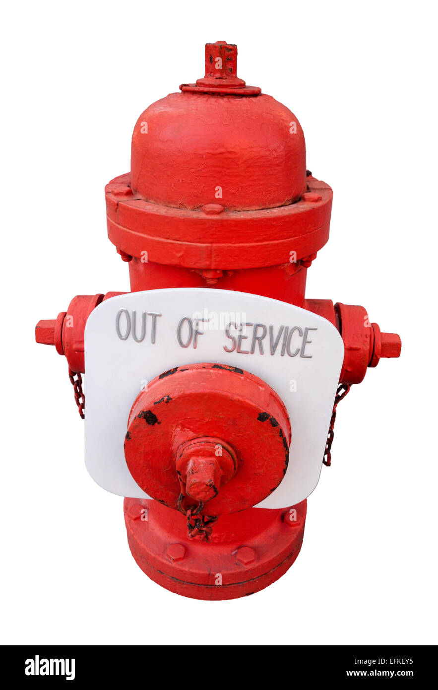 Rot uns Hydranten mit aus Service-Zeichen; funktioniert nicht, gebrochen, unsicher, unzuverlässig Feuer-Stecker. Sicherheitsproblem, Sorge. Stockfoto