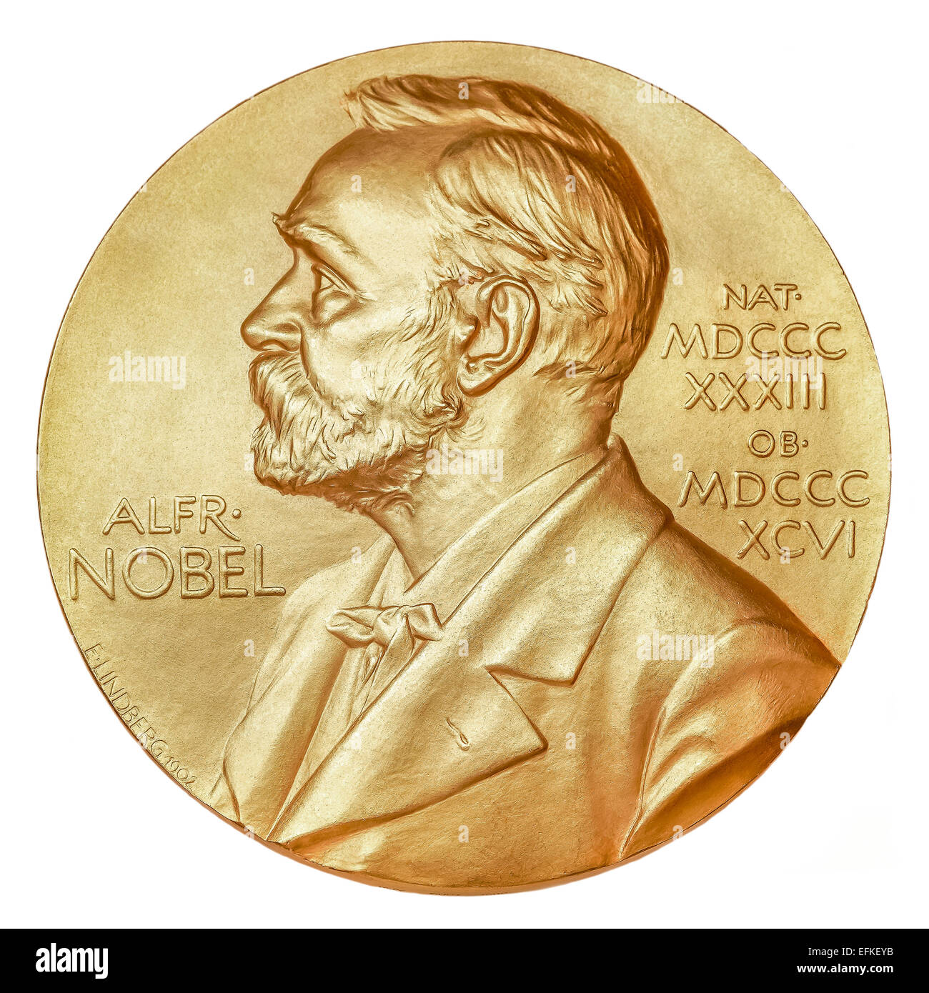 Nobelpreis-Medaille Ausschnitt isoliert auf einem weißen Hintergrund ausschneiden Stockfoto