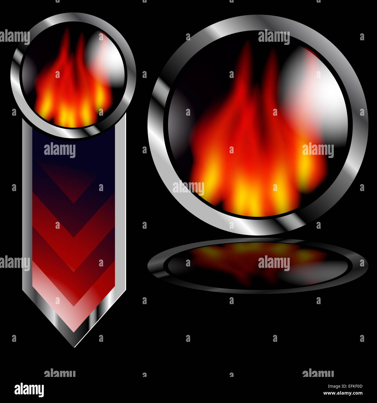 Ein Bild von einem feurigen Flamme Pfeil und Schaltfläche auf einem schwarzen Hintergrund. Stockfoto