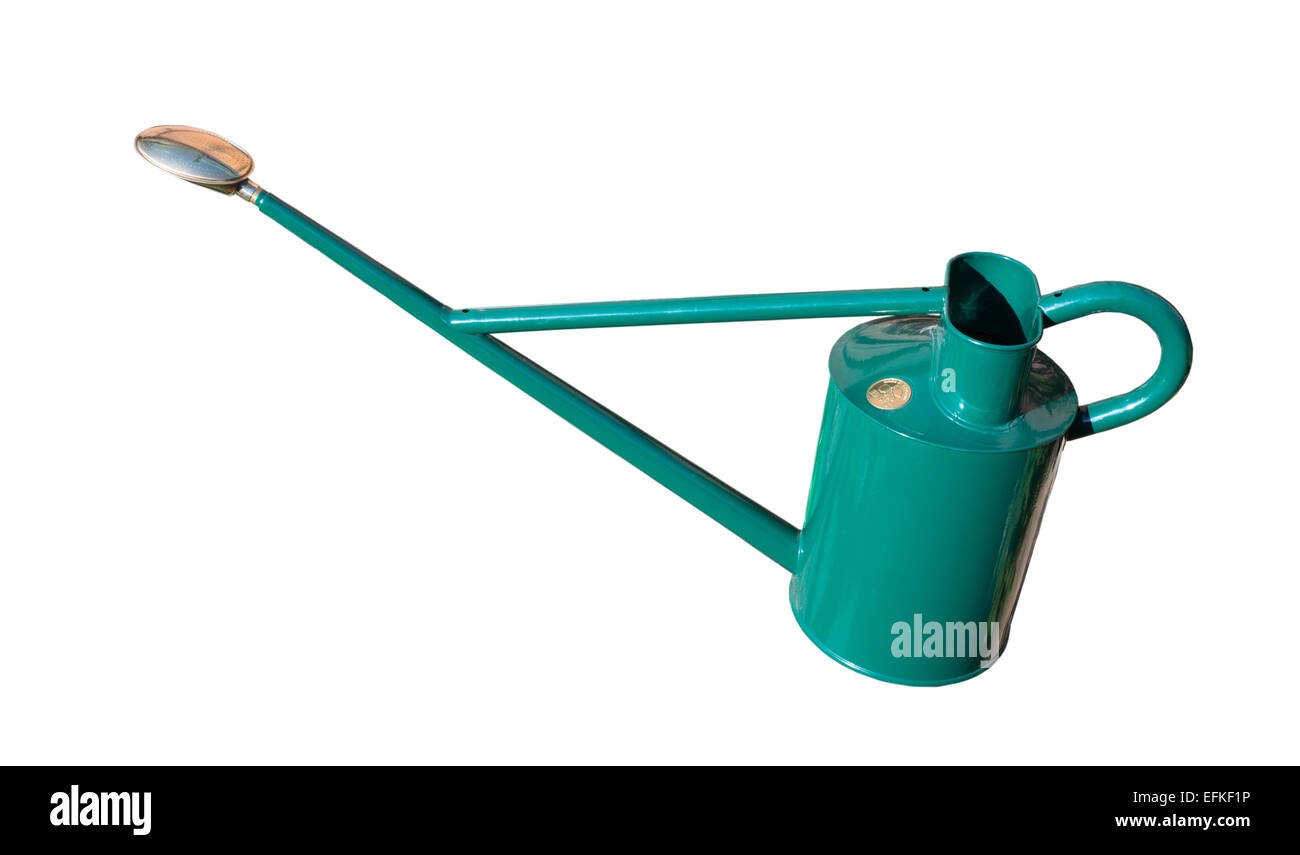 Traditionelle Haws grüne Metall professionelles Gießkanne mit Messing rose isoliert auf weißem Hintergrund. Stockfoto