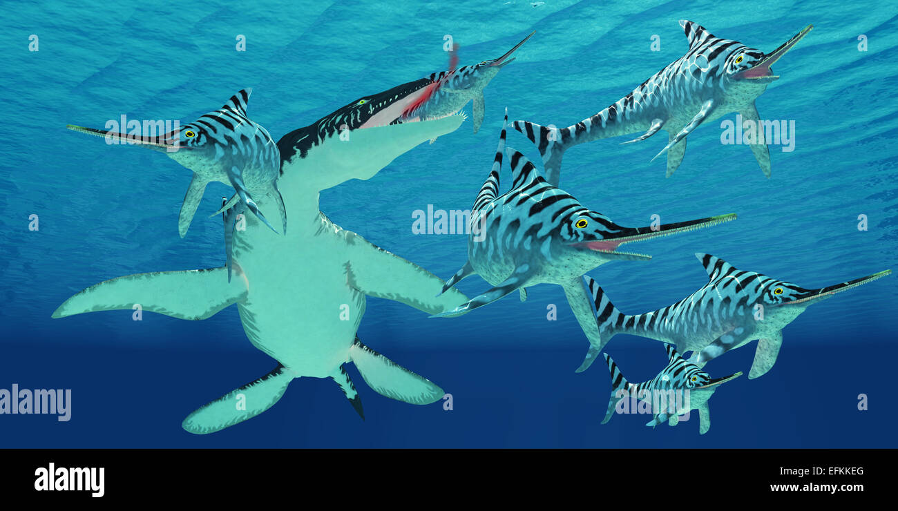 Eine Herde von Eurhinosaurus marinen Reptilien versuchen, die viel größeren Liopleurodon in Jurassic Meeren zu entziehen. Stockfoto