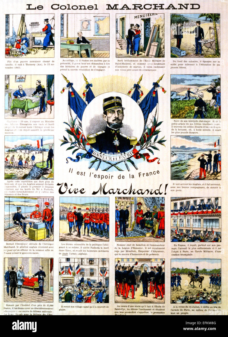 Französischer Offizier JEAN-BAPTISTE MARCHAND (1863-1934) und Explorer ist in einem französischen Magazin gelobt, 1898 Stockfoto