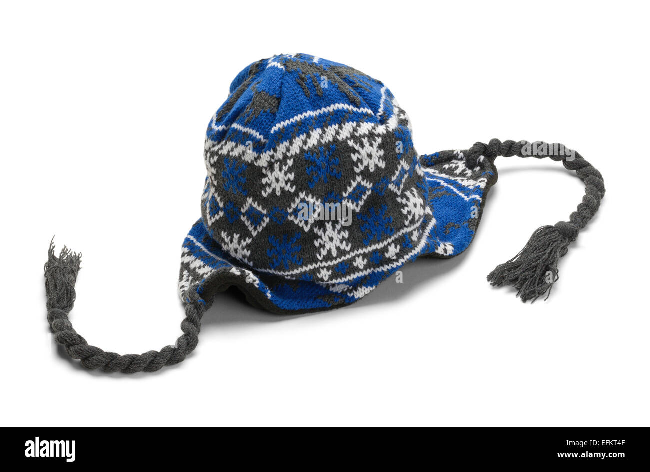Blaue und graue Wolle Winter Strumpf Hut, Isolated on White Background. Stockfoto