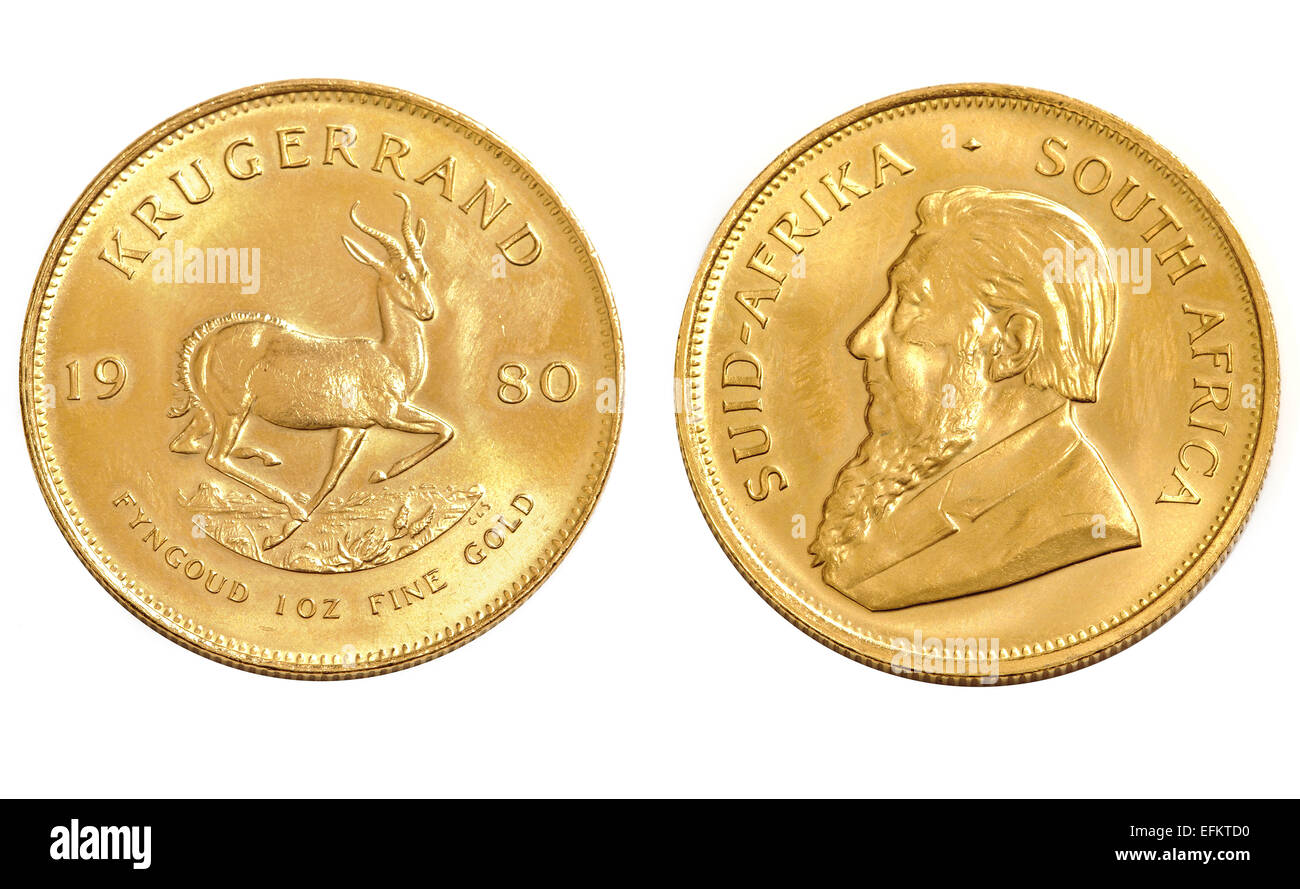 22 Caret Goldmünzen Krügerrand auf weißem Hintergrund Stockfoto