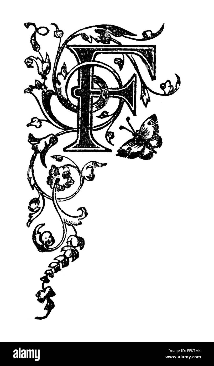 Viktorianische Eleganz Rebe Muster Buchstaben f.  Digital restaurierte aus einem Mitte des 19. Jahrhunderts-Enzyklopädie. Stockfoto