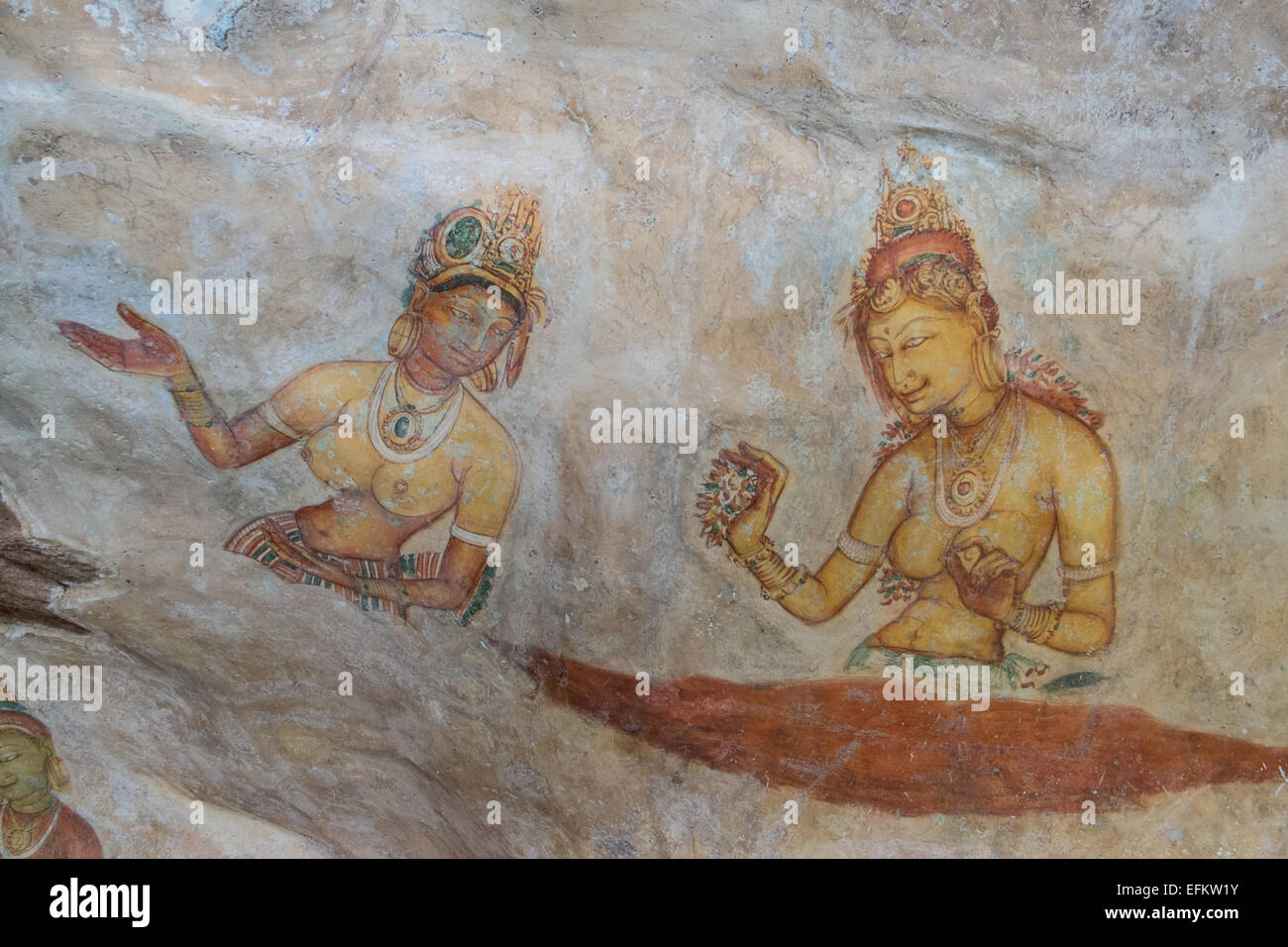 Alte Fresken der Jungfrauen auf Höhlenwand zur Felsenfestung Sigiriya, Sigiriya, Sri Lanka, Sigiriya, Sri Lanka, Rock, Unesco, Höhle, Kunst Stockfoto