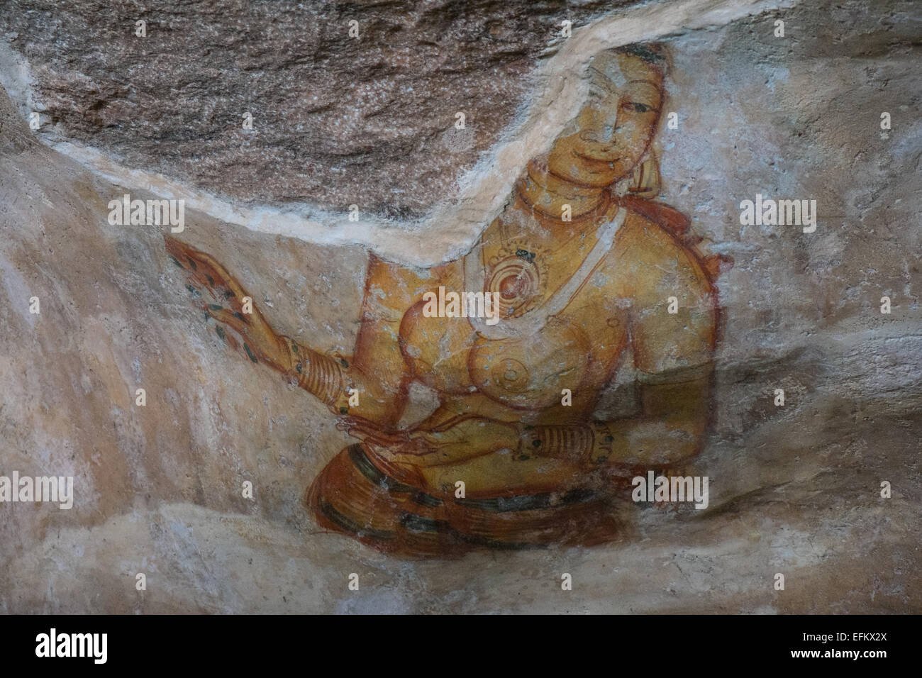 Alte Fresken der Jungfrauen auf Höhlenwand zur Felsenfestung Sigiriya, Sigiriya, Sri Lanka, Sigiriya, Sri Lanka, Rock, Unesco, Höhle, Kunst Stockfoto