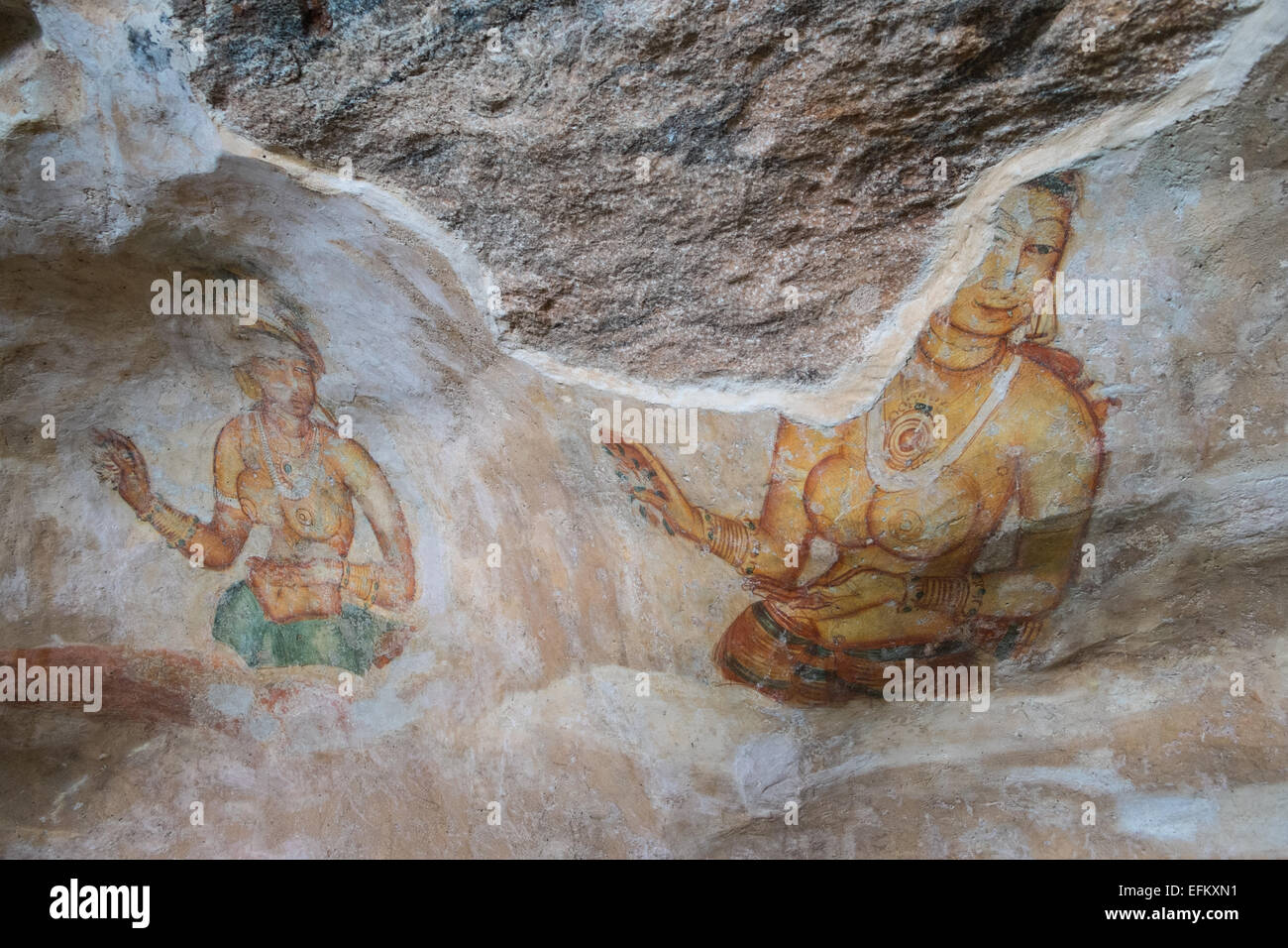 Alte Fresken der Jungfrauen auf Höhlenwand zur Felsenfestung Sigiriya, Sigiriya, Sri Lanka, Sigiriya, Sri Lanka, Rock, Unesco, Höhle, Kunst Stockfoto