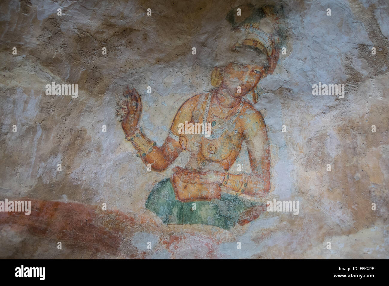 Alte Fresken der Jungfrauen auf Höhlenwand zur Felsenfestung Sigiriya, Sigiriya, Sri Lanka, Sigiriya, Sri Lanka, Rock, Unesco, Höhle, Kunst Stockfoto