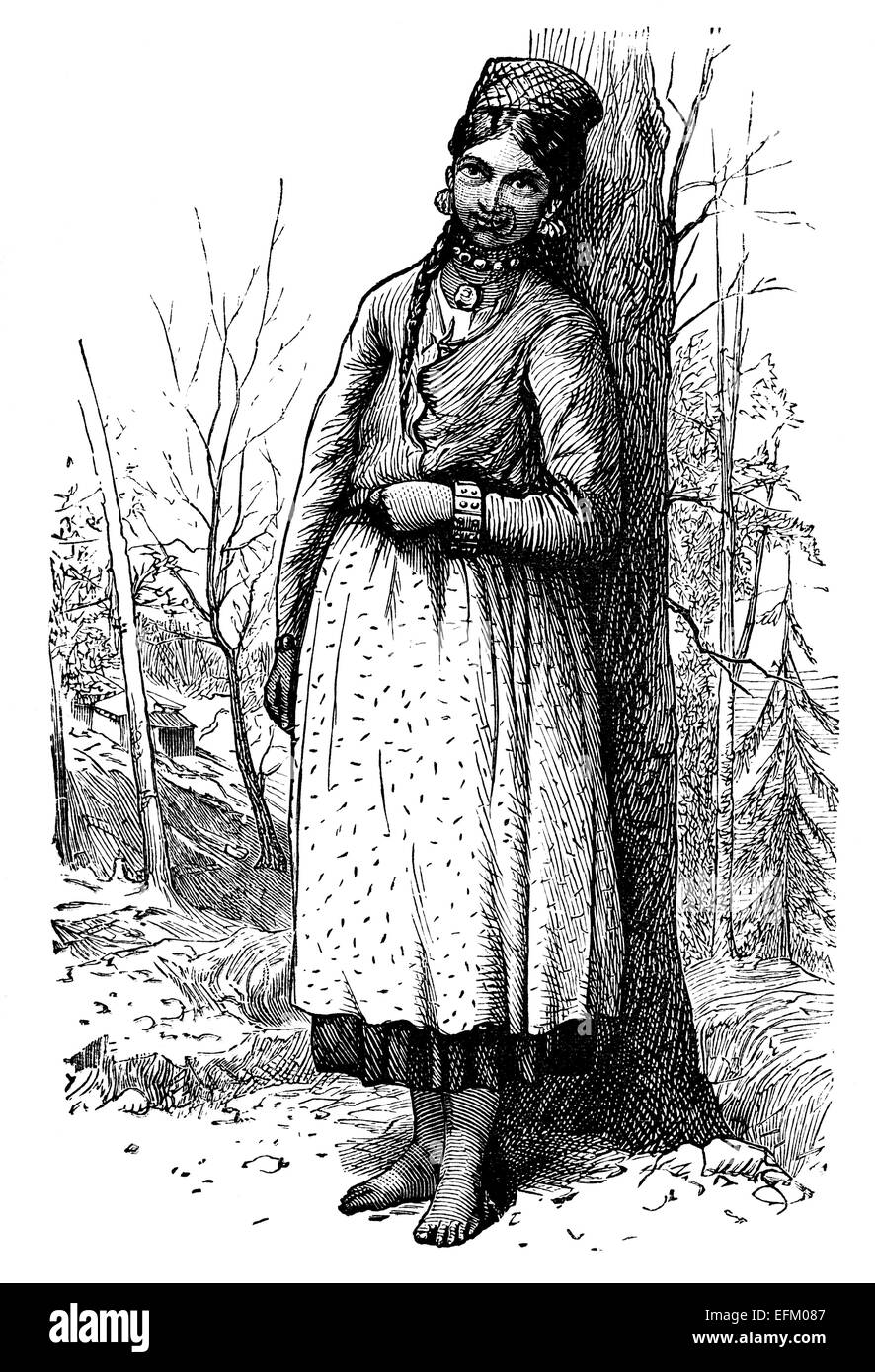 Viktorianische Gravur des Himalaya Mädchen, Indien. Digital restaurierten Bild aus einem Mitte des 19. Jahrhundert Enzyklopädie. Stockfoto