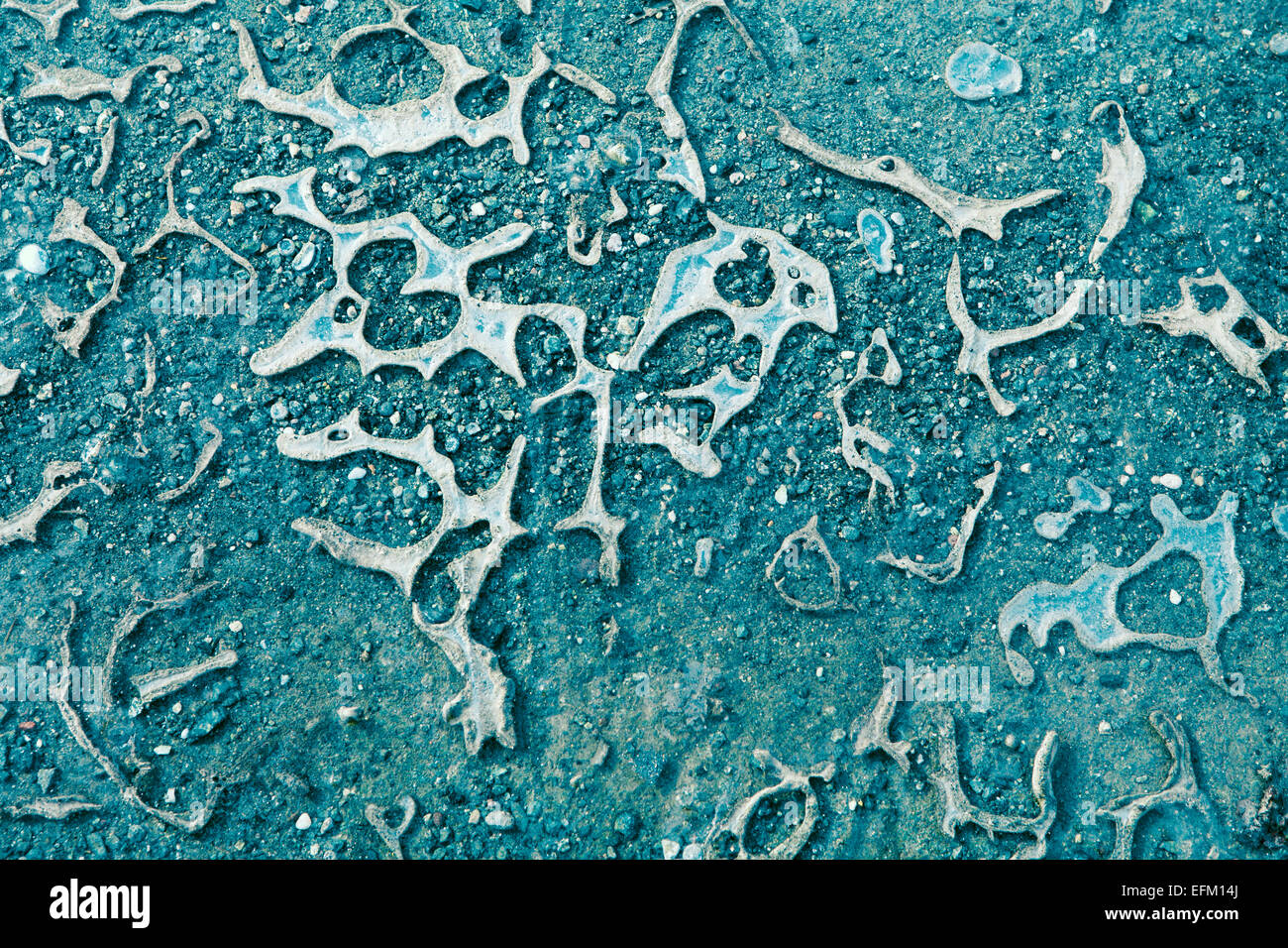 Zusammenfassung von Eis in Reifenspuren auf einem Feldweg mit Blaufärbung für einen einzigartigen Look gebildet. Stockfoto