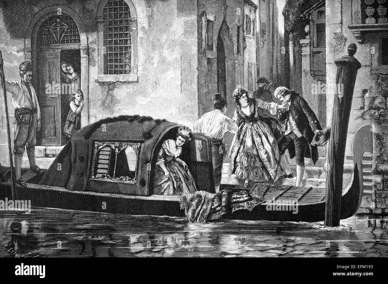 19. Jahrhundert Gravur einer Venedig Goldola Fahrt, Italien, fotografiert aus einem Buch mit dem Titel "italienische Bilder gemalt mit Stift und Pe Stockfoto