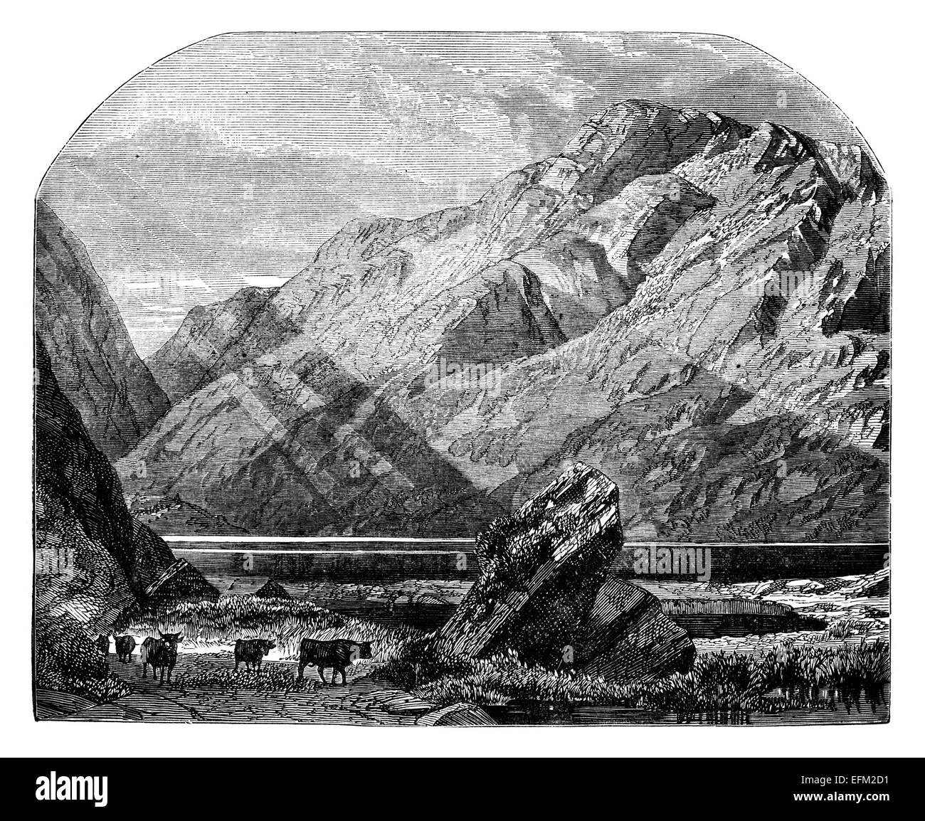 19. Jahrhundert Gravur die Landschaft am Dunloe, County Kerry, Irland Stockfoto