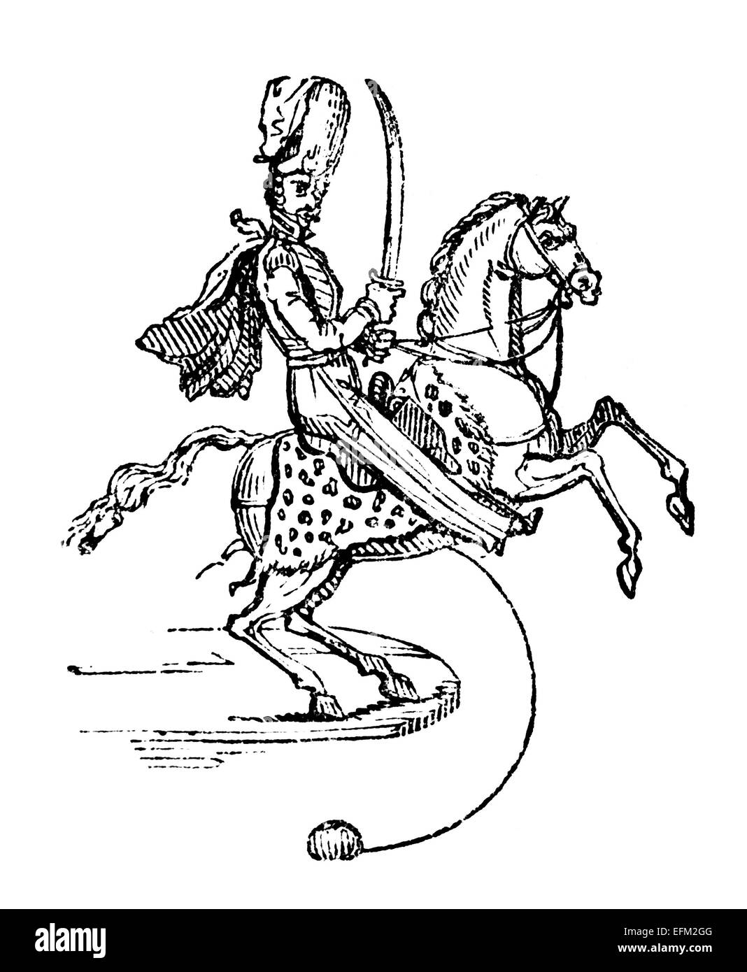 19. Jahrhundert Gravur eines Miniatur-Spielzeug-Soldaten auf einem Pferd Stockfoto