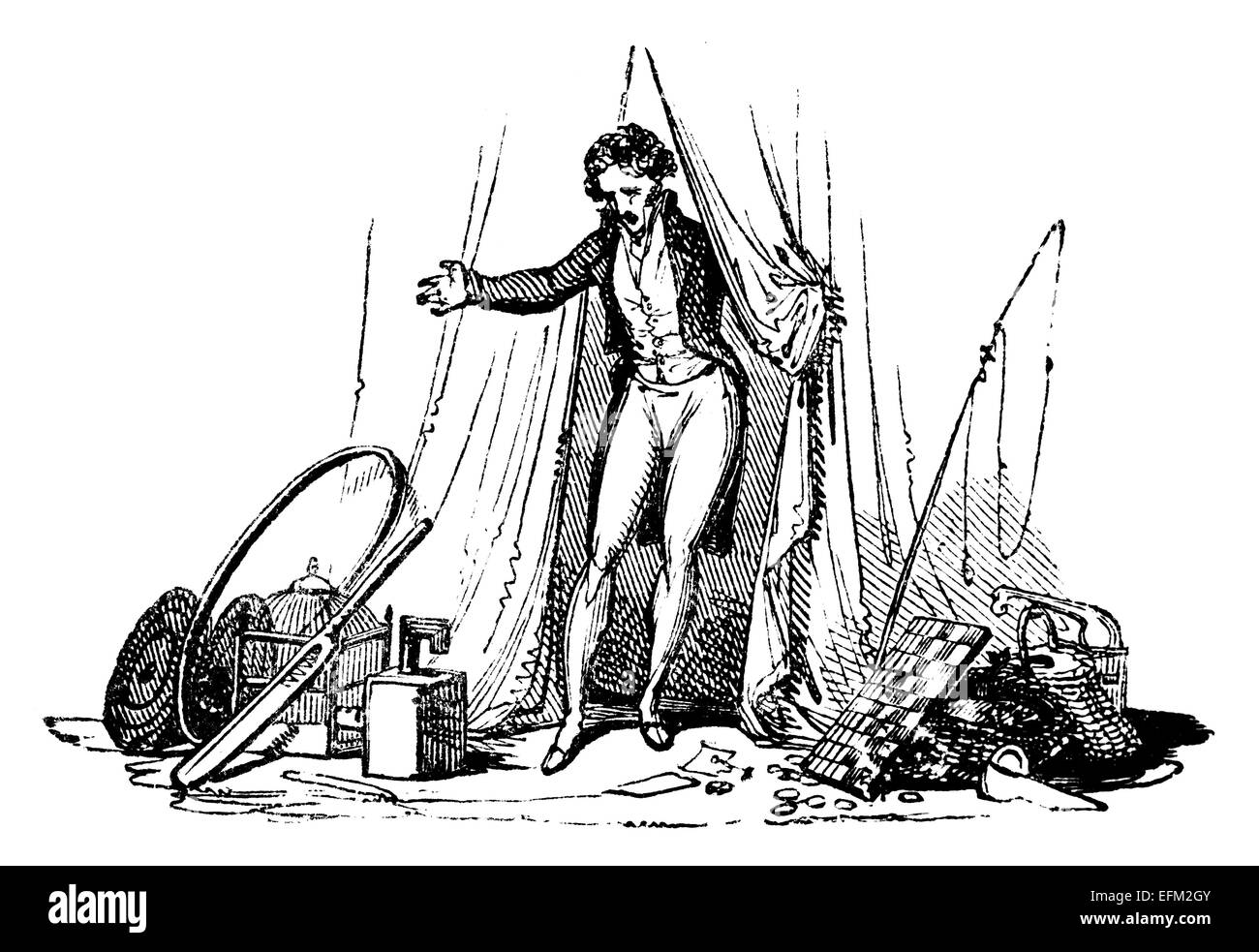 19. Jahrhundert Gravur eines Mannes mit einer Angelrute und verschiedene andere Angelausrüstung Stockfoto