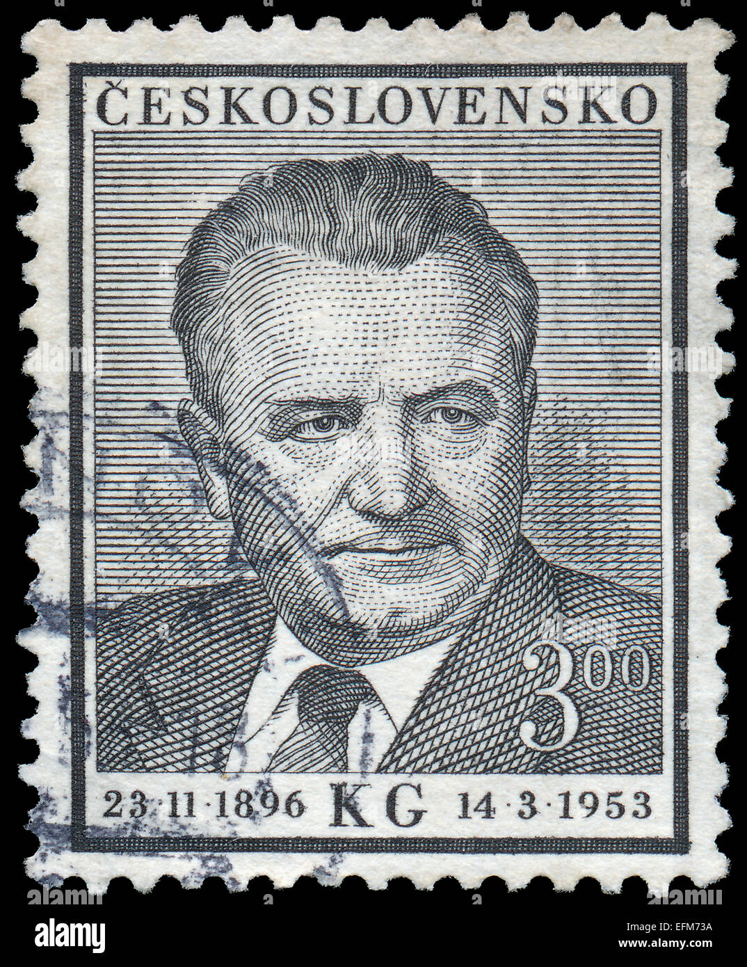 Tschechoslowakei - ca. 1953: Eine Briefmarke gedruckt in der Tschechoslowakei, zeigt Porträt Klement Gottwald (1896-1953) Ministerpräsident und p Stockfoto