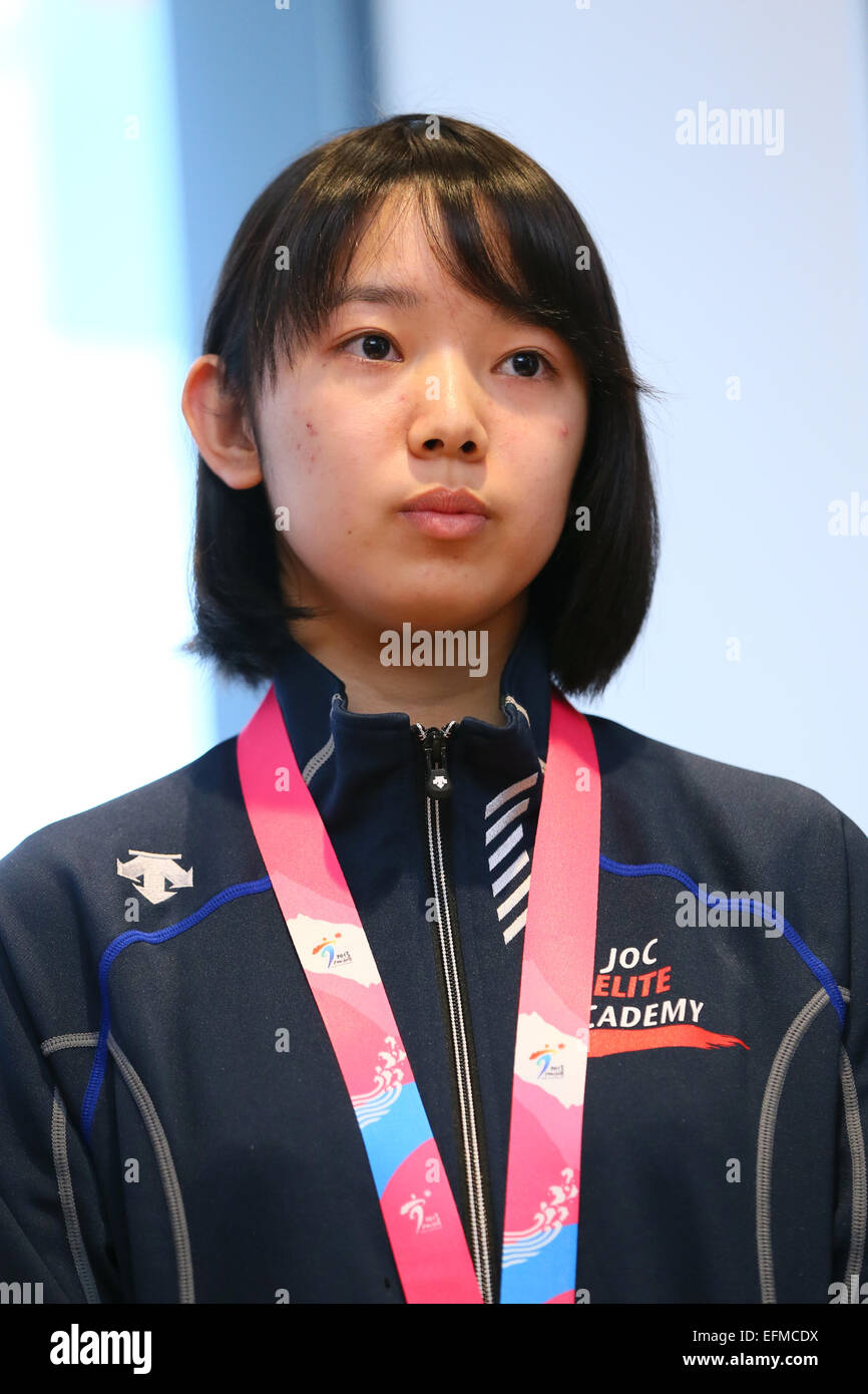 Ayaka Mukae, 7. Februar 2015: Kenji Ogiwara, Manami Mitsuboshi und JOC Elite Academy-Schüler besuchen Gedenkveranstaltung von Nagano Olympic Ginza in Tokio, Japan. (Foto von Yohei Osada/AFLO SPORT) [1156] Stockfoto