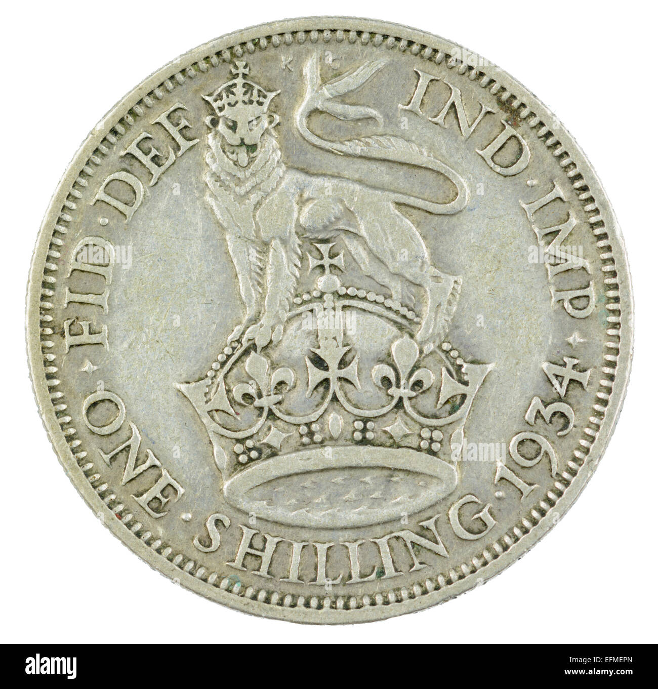 Vordezimale britische eine-Schilling-Münze von König George V Reign (englische Version von 1934, Seite mit den Schwänzen). Stockfoto