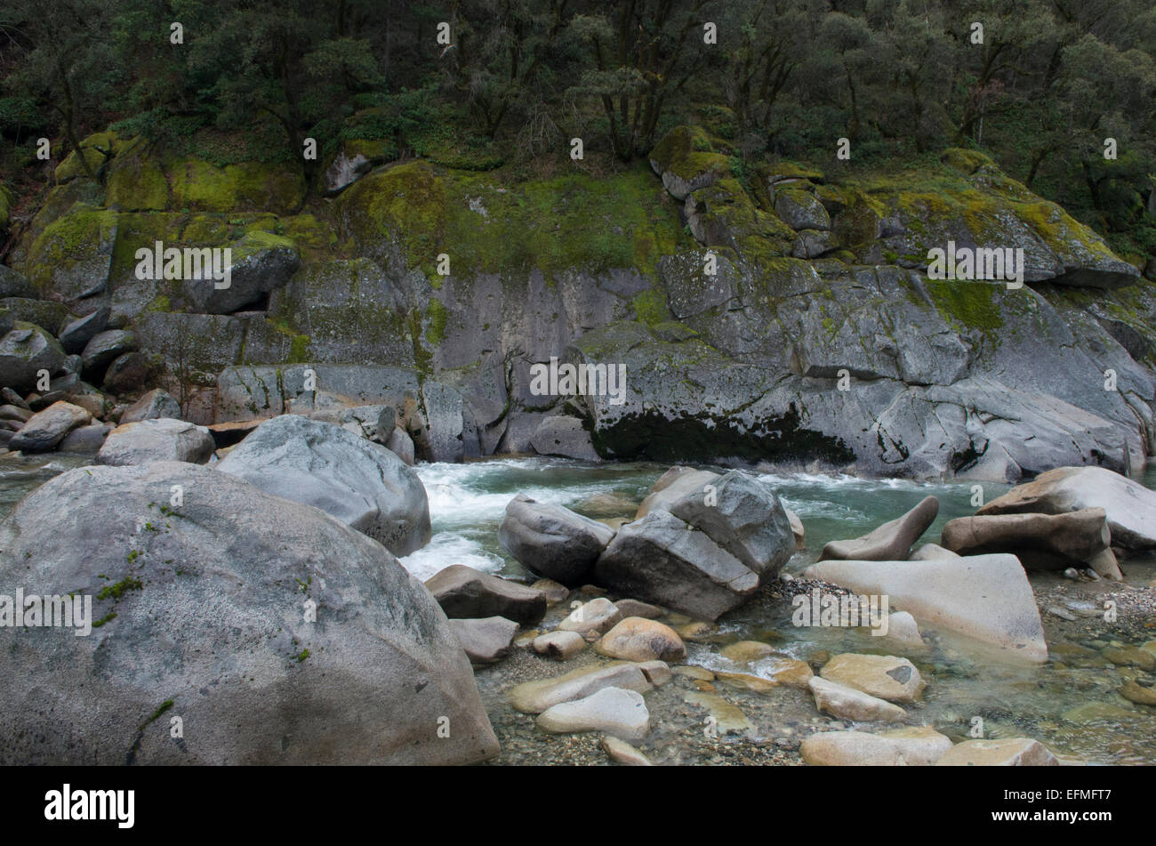 Moosigen Granit trifft kalten Fluss Stockfoto