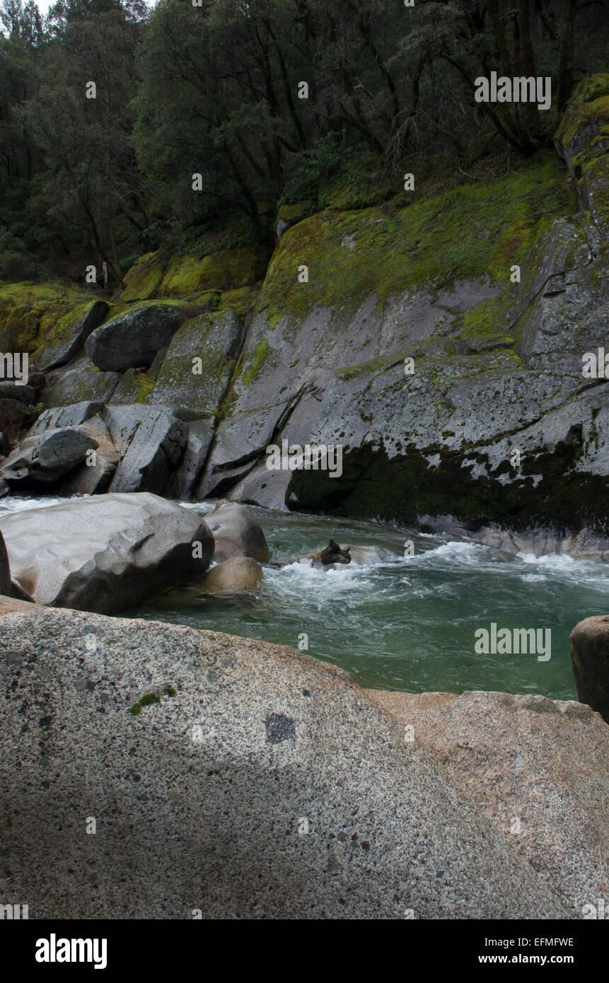 Moos trifft auf Granit, Granit auf Wasser Stockfoto