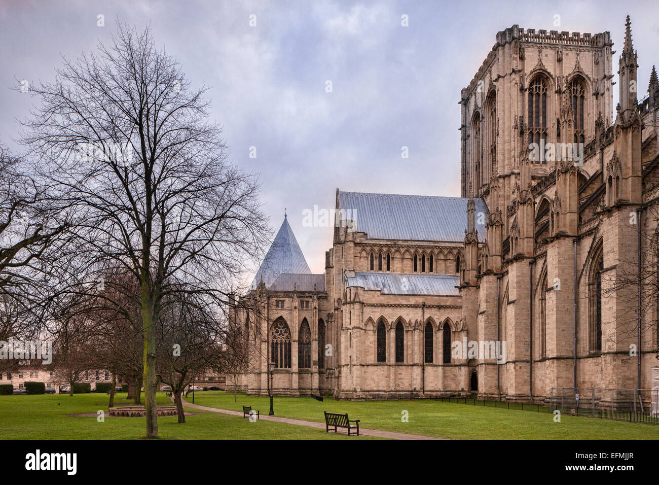 Die Nordseite des York Minster aus der Dean Parks, an einem ruhigen Wintertag. Stockfoto