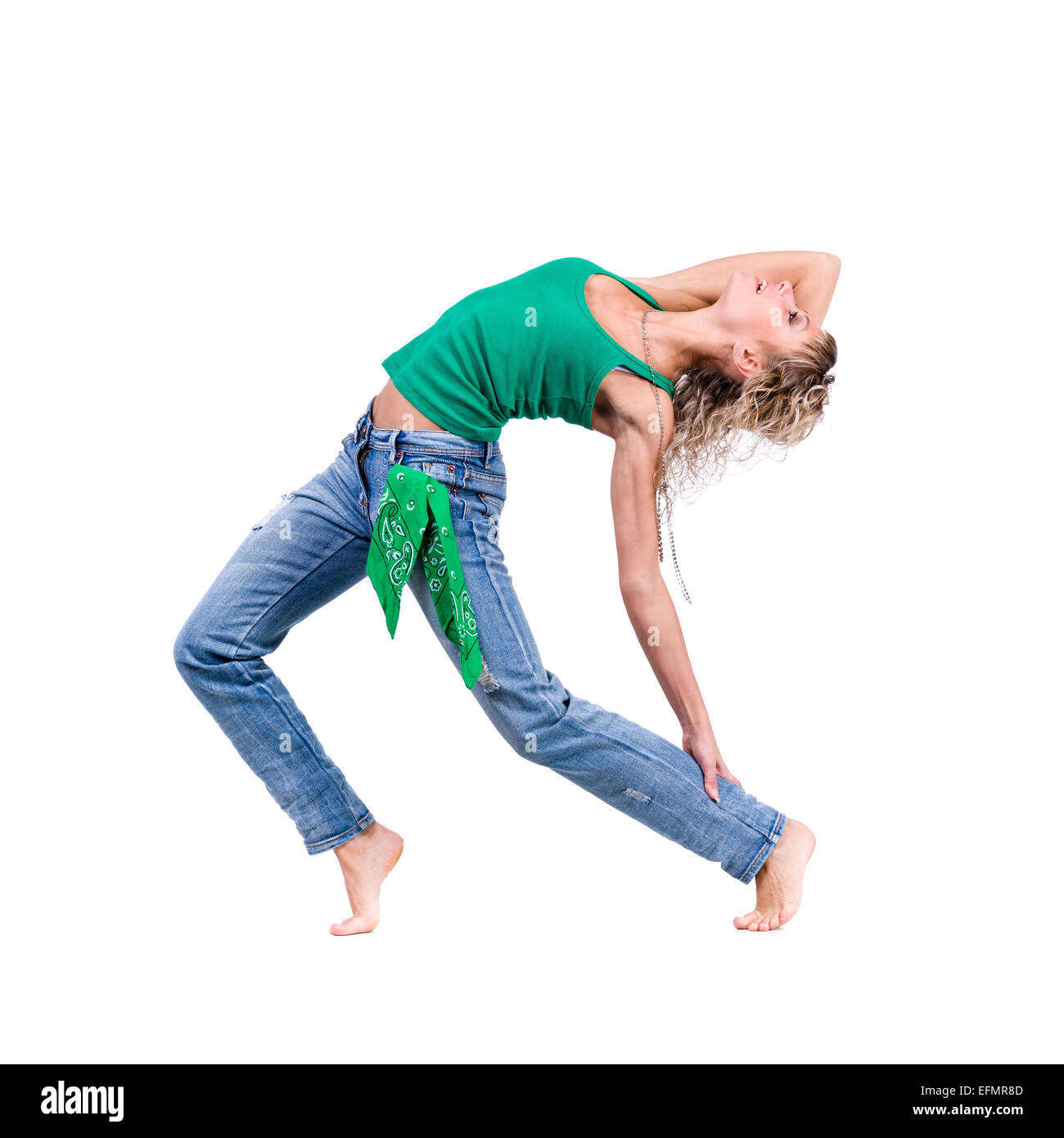 junge Tänzerin Frau tanzt vor weißem Hintergrund Stockfoto