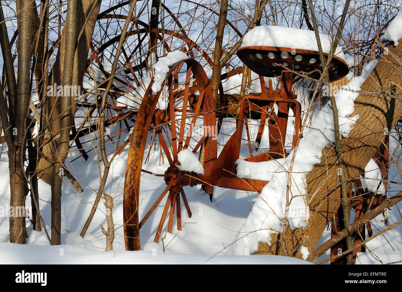 Verrosteten Oldtimer Landmaschinen in Schnee und Baum stehen. Stockfoto