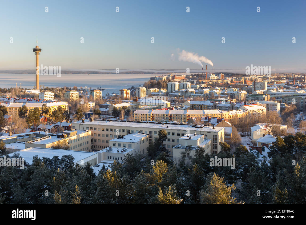 Blick auf Aussichtsturm Näsinneula und die Stadt Tampere, Finnland, im Winter bei Tageslicht Stockfoto