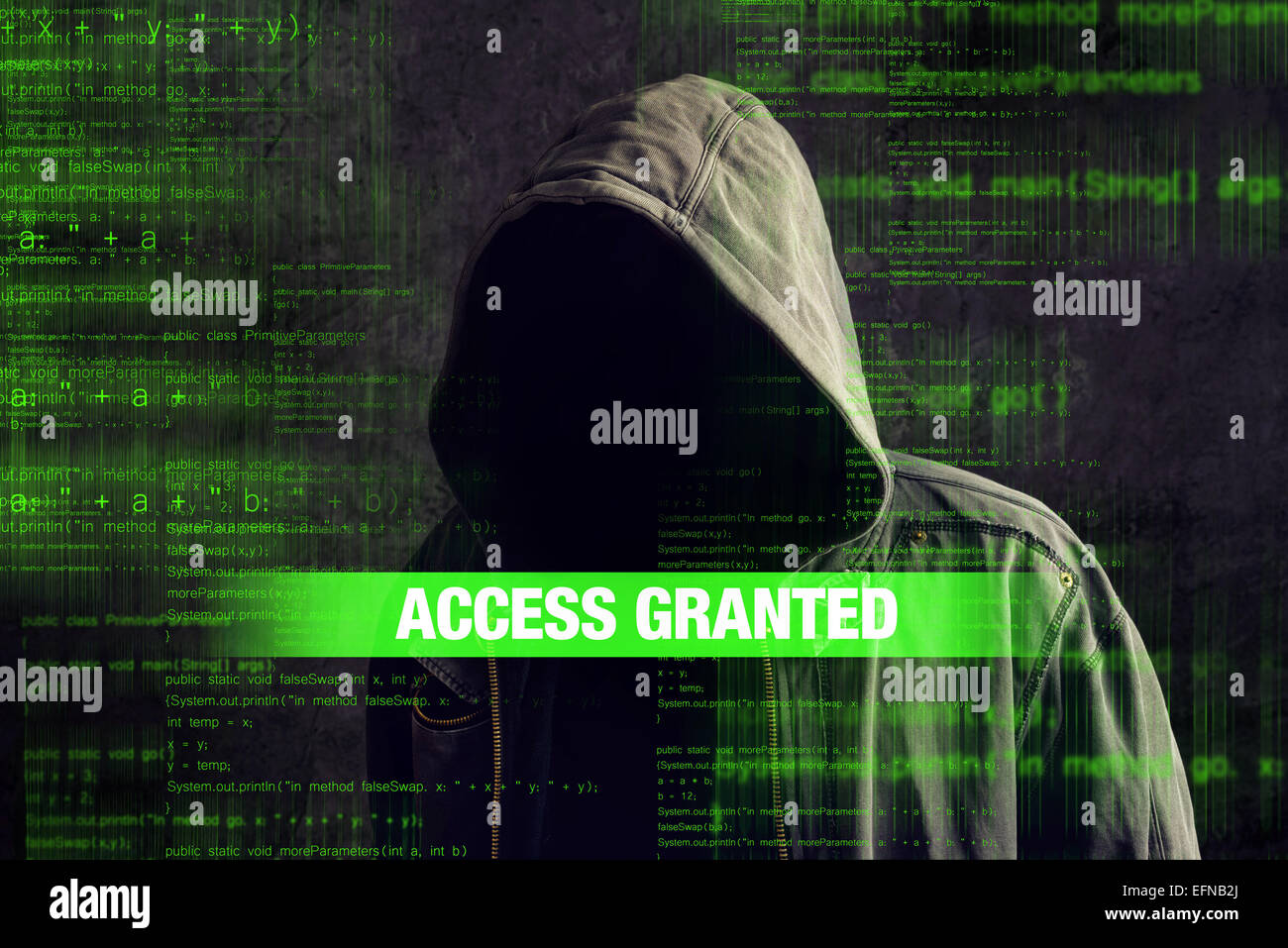 Zugang mit Kapuze gewährt, gesichtslosen anonyme Computerhacker mit Programmcode von monitor Stockfoto