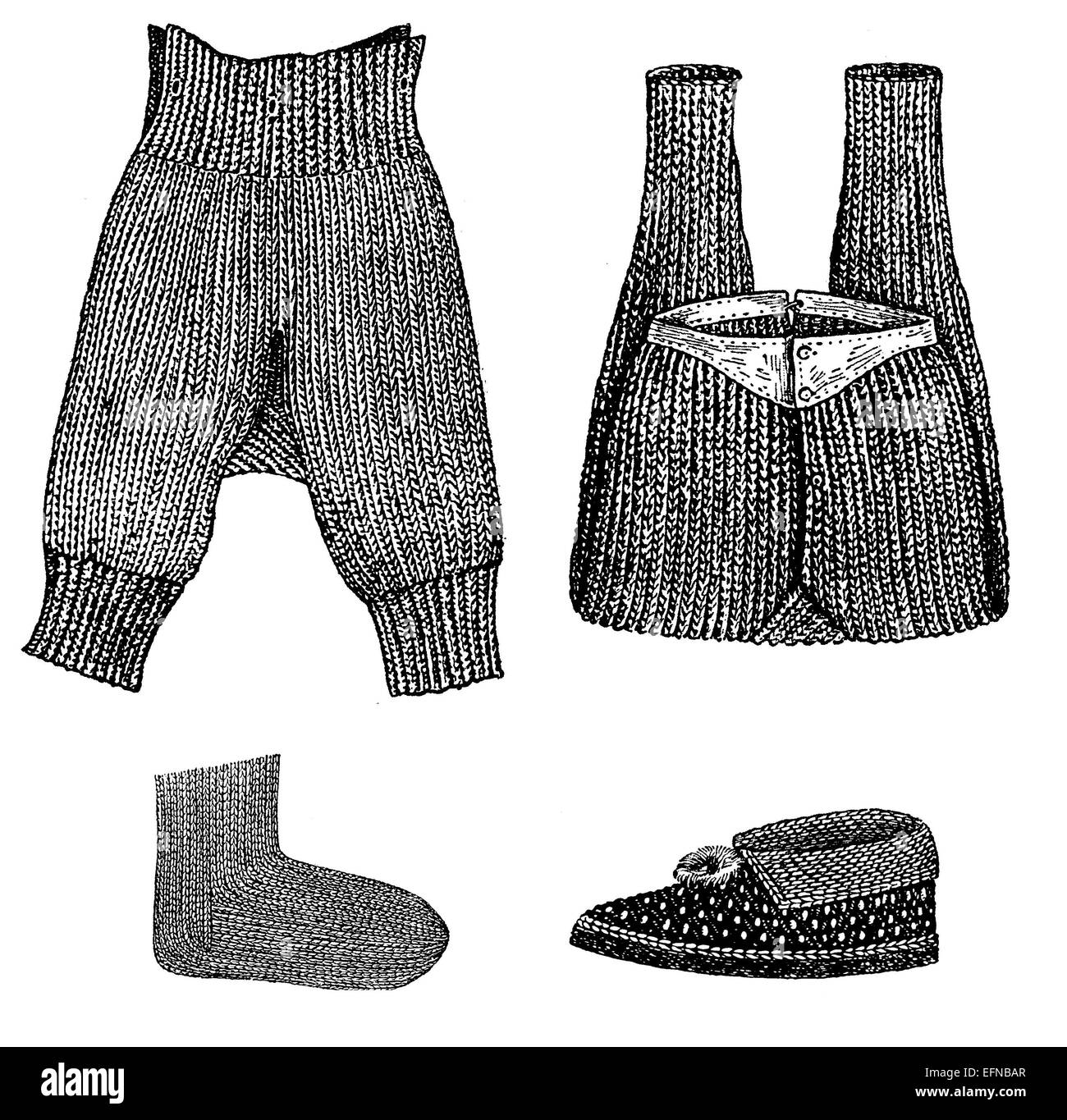 Homemade stricken Kind Kleidung, Socken und Hausschuhe Stockfoto