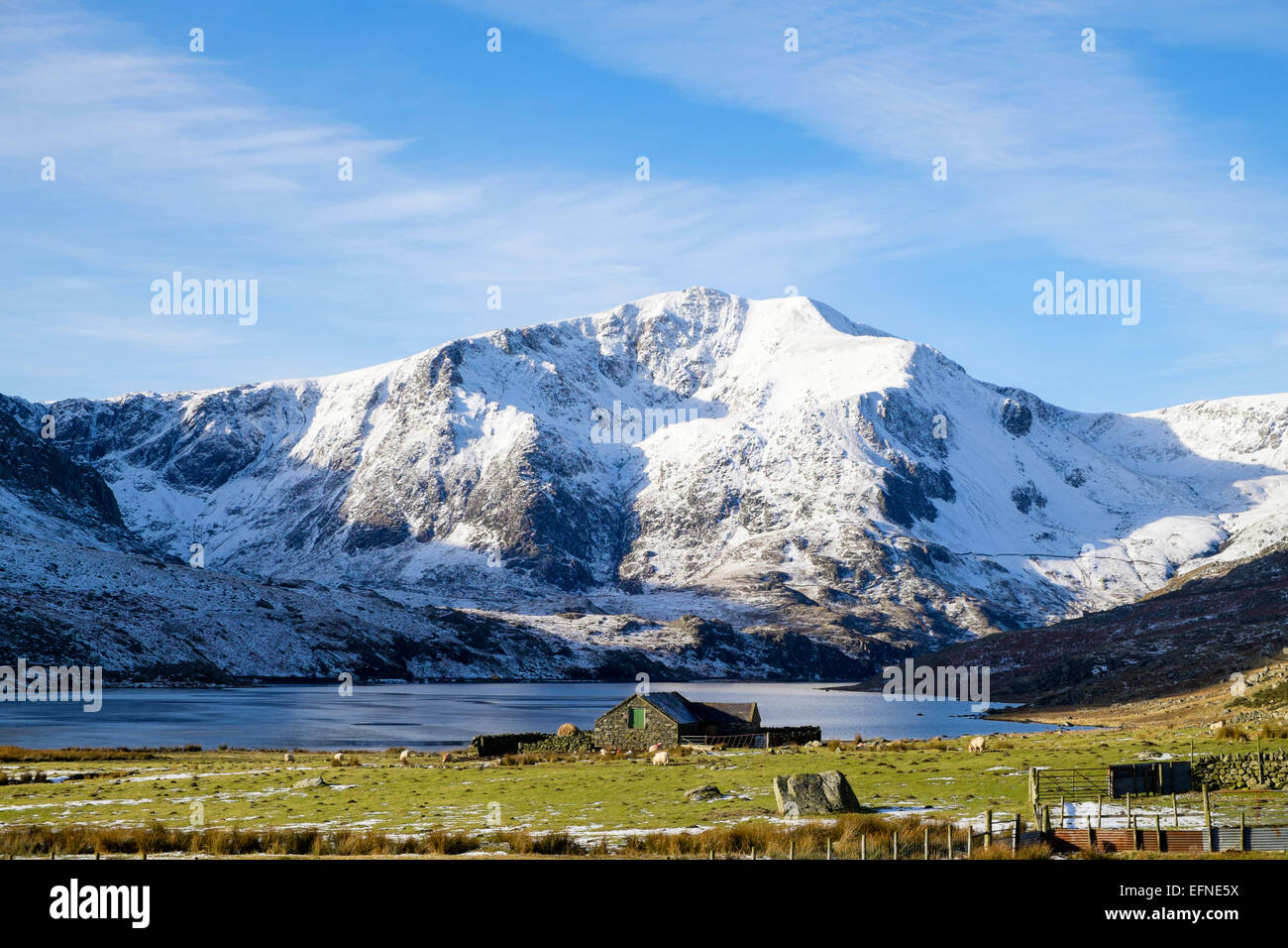 Blick entlang Ogwen Valley und den See zu Y Garn Berg mit Schnee im Winter in den Bergen von Snowdonia National Park (Eryri), North Wales, UK, Großbritannien Stockfoto