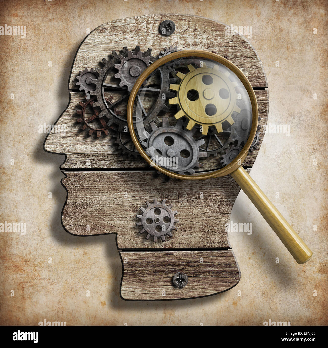 Gehirn-Getriebe und Zahnräder. Psychische Krankheit, Psychologie, Erfindung und Idee Konzept. Stockfoto