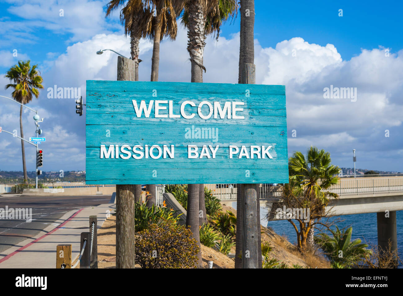 Willkommens-Schild.  Mission Bay Park Zeichen. San Diego, California, Vereinigte Staaten von Amerika. Stockfoto