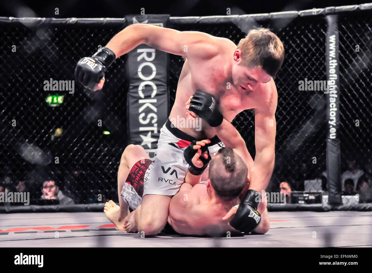 MMA-Kämpfer hält seinen Gegner auf die Leinwand und beginnt Landung Schläge auf Kopf und Gesicht Stockfoto