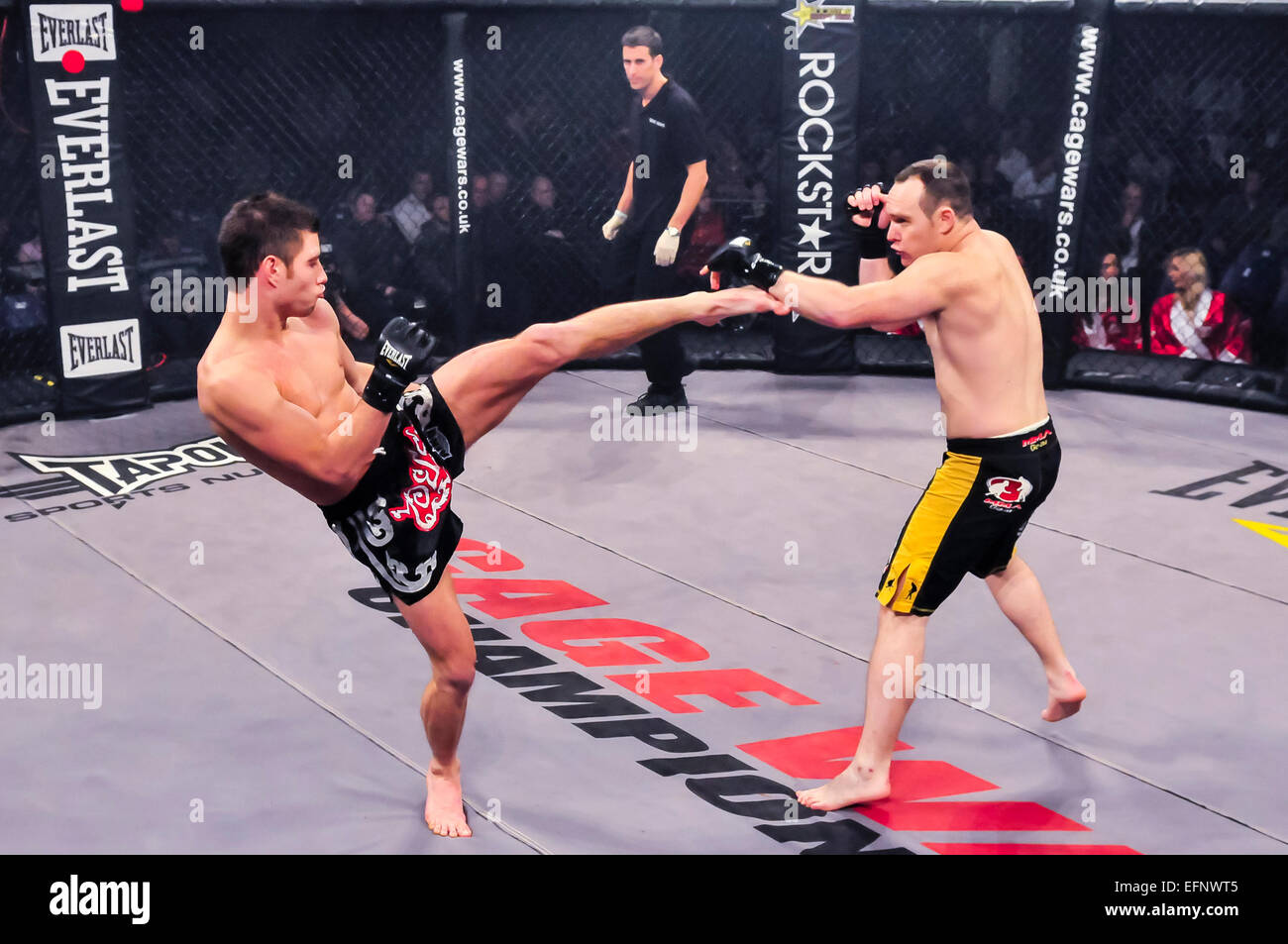 MMA-Kämpfer landet einen high Kick zum Arm seines Gegners. Stockfoto