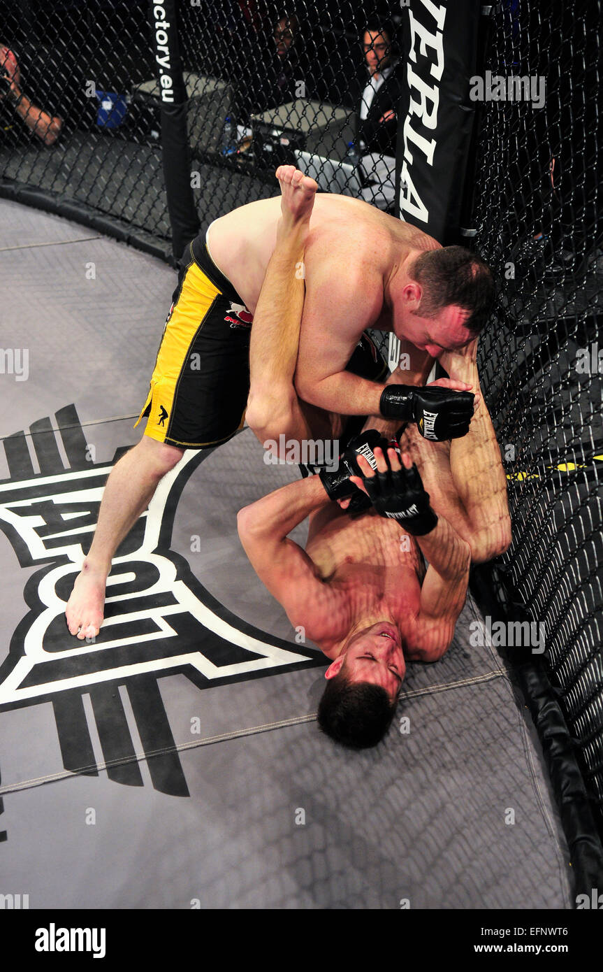 MMA-Kämpfer hält seinen Gegner auf die Leinwand und landet Schläge an den Kopf. Stockfoto