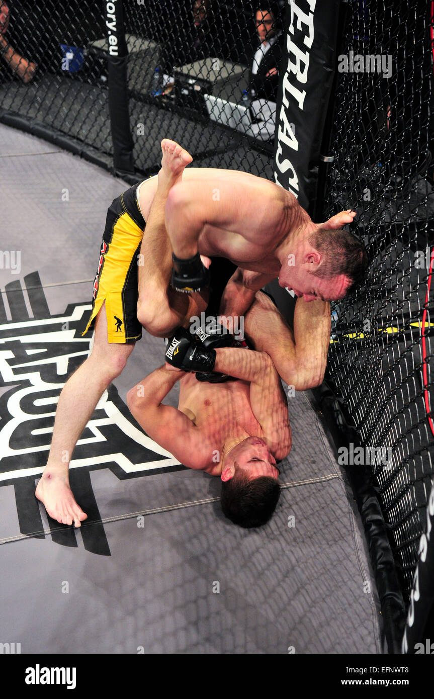 MMA-Kämpfer hält seinen Gegner auf die Leinwand und landet Schläge an den Kopf. Stockfoto