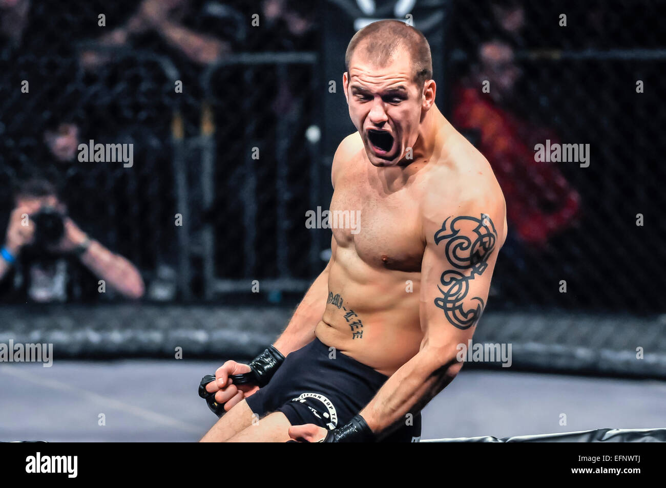 MMA-Kämpfer schreit nach seinem Kampf zu gewinnen. Stockfoto
