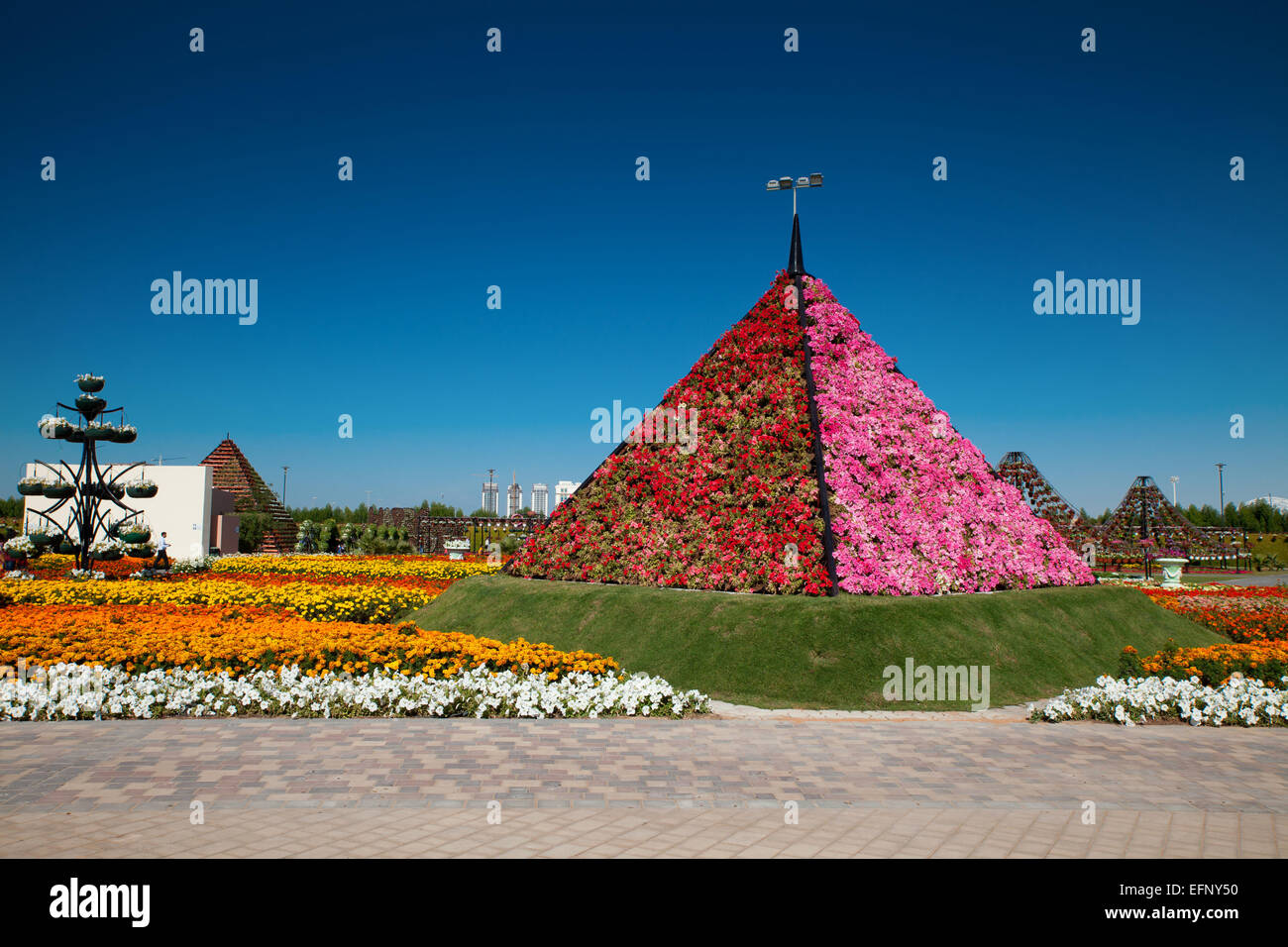 29. November 2013 - Dubai, Vereinigte Arabische Emirate: Blume Pyramide in Dubai Wunder Gärten, einen Blumenpark mit mehr als 45 Millionen Blumen drin. Stockfoto