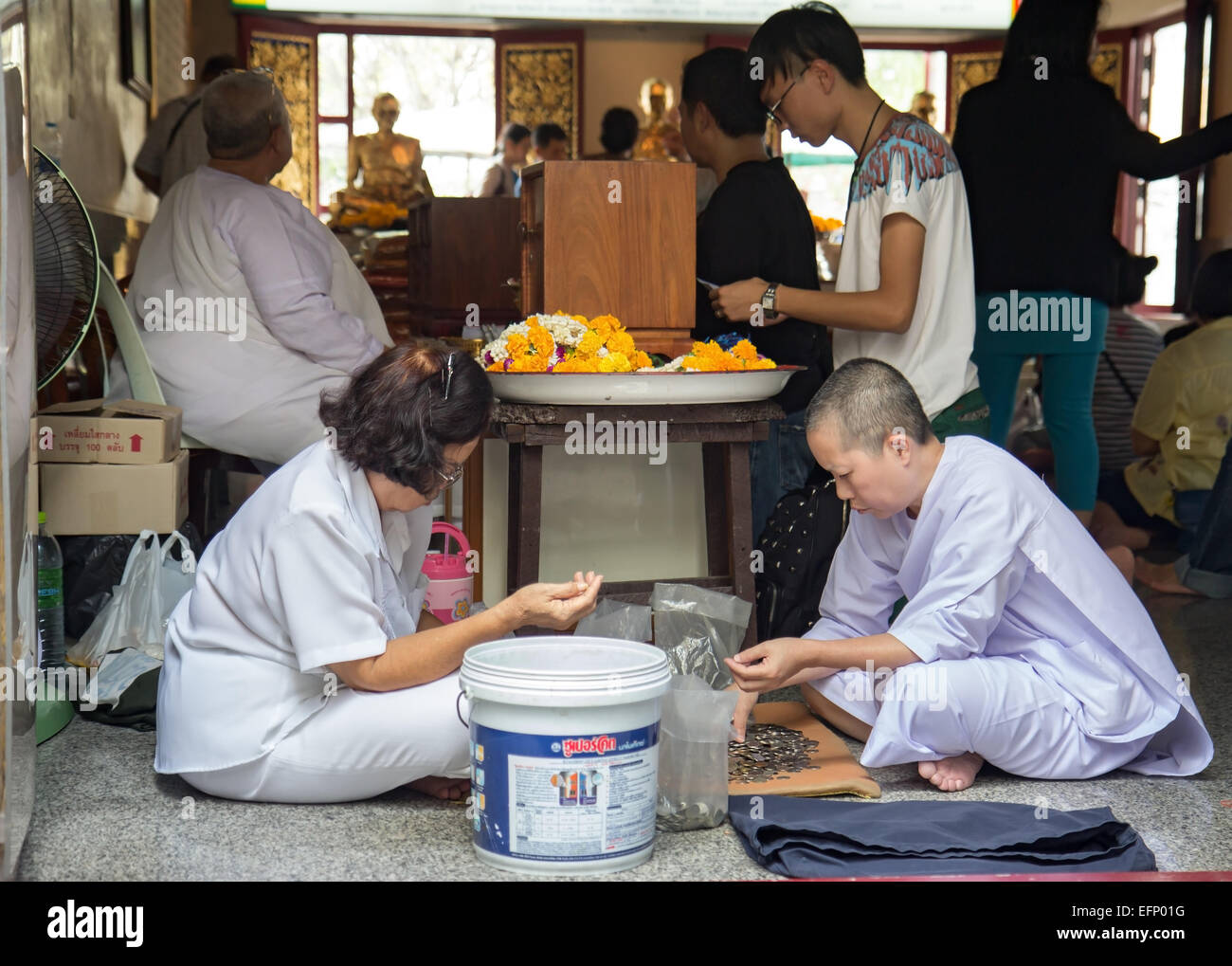 Buddhistische Nonne mit weltlichen gezählt Münzen aus Spenden Stockfoto