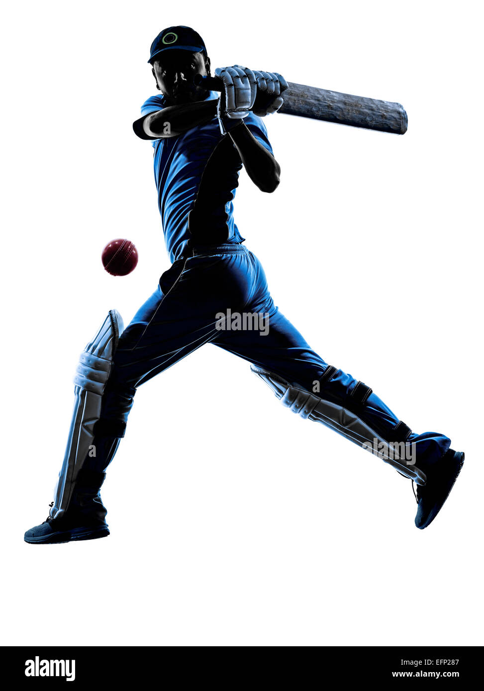 Cricket-Spieler Schlagmann im Silhouette Schatten auf weißem Hintergrund Stockfoto