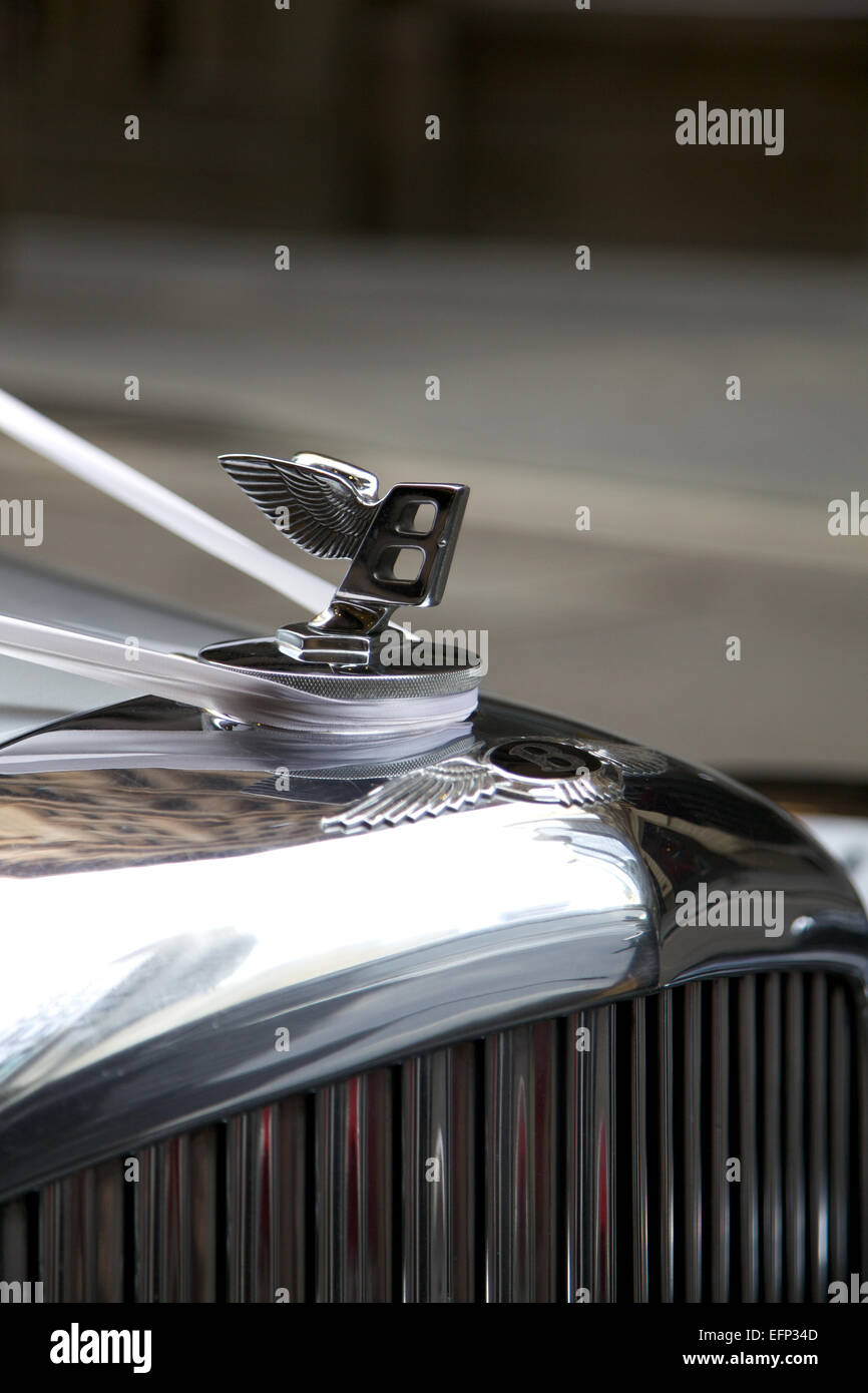 Klassische Handarbeit Bentley mit dem berühmten geflügelten Emblem-Maskottchen Stockfoto