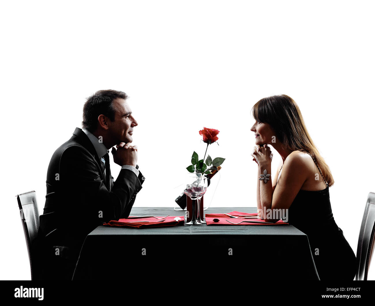 Paare-Liebhaber Ess in Silhouetten auf weißem Hintergrund Stockfoto
