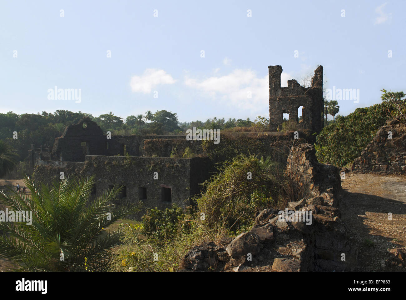 Vasai oder Bassein Fort, Befestigungsmauer und Ruine Strukturen innerhalb des Forts. Mumbai, Maharashtra, Indien Stockfoto