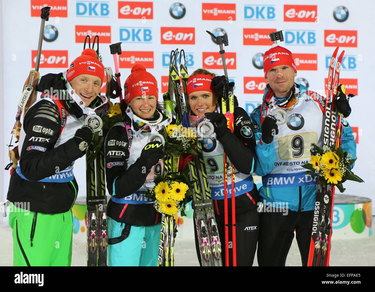 Ondrej Moravec, Veronika Vitkova, Gabriela Soukalova, Michal Slesingr Stockfoto